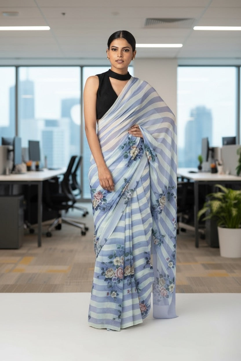 Stripes cotton linen digital print Light Blue with White saree with silver border.