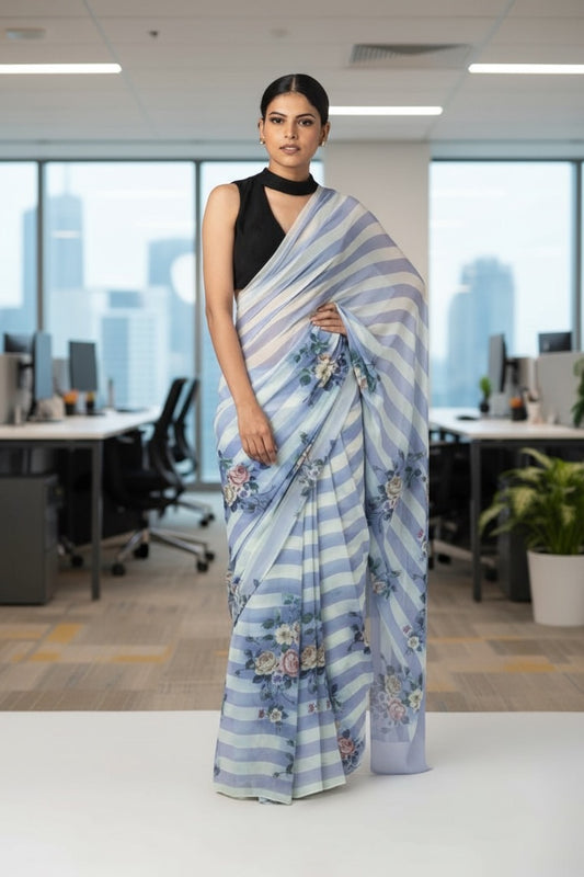Stripes cotton linen digital print Light Blue with White saree with silver border.
