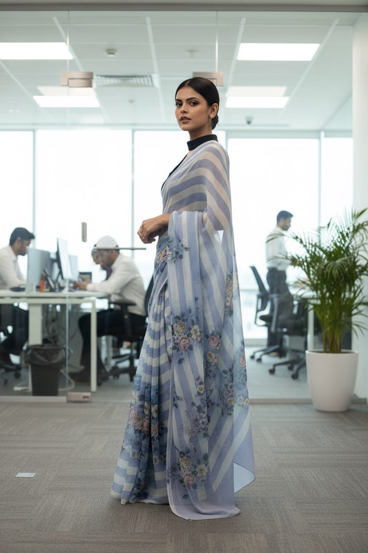 Stripes cotton linen digital print Light Blue with White saree with silver border.