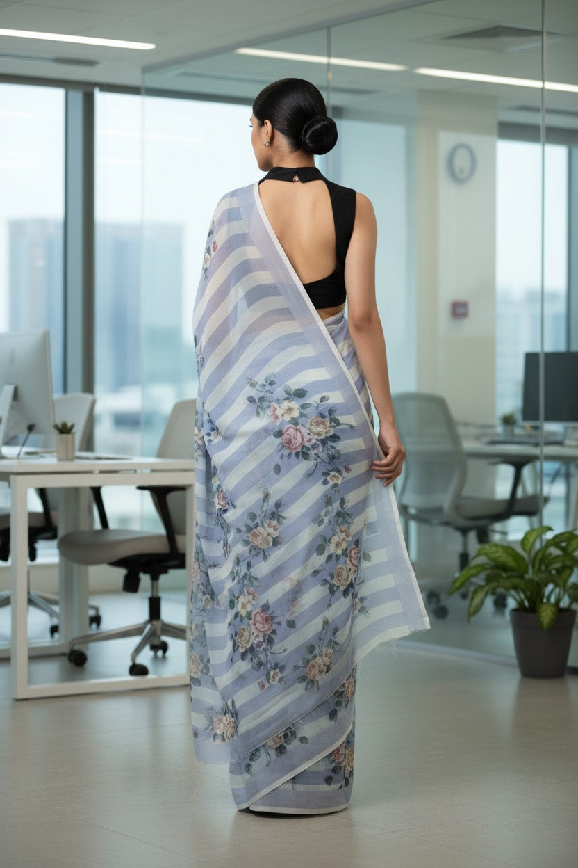 Stripes cotton linen digital print Light Blue with White saree with silver border.