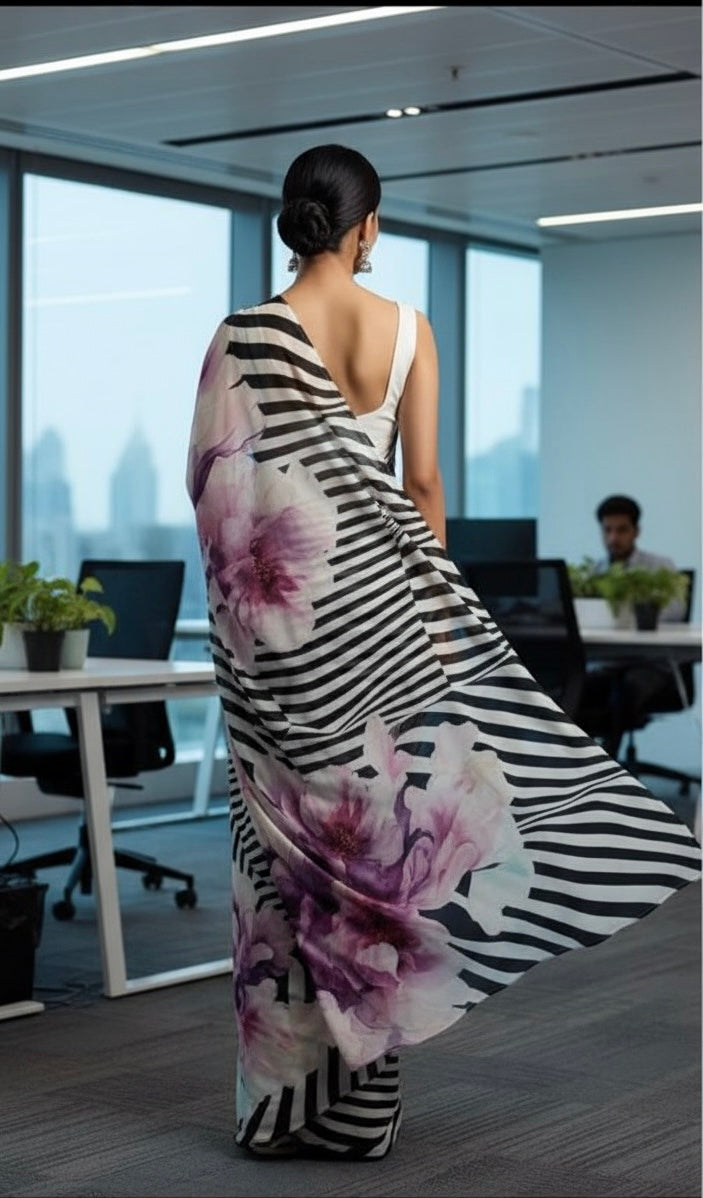 Chanderi silk zebra digital print Black Colour saree