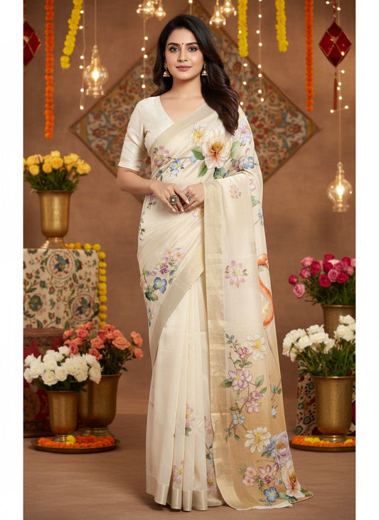 Chanderi silk digital print Off White Colour saree with gold border swan design
