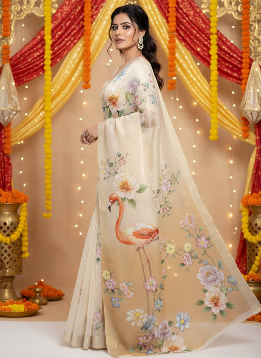 Chanderi silk digital print Off White Colour saree with gold border swan design