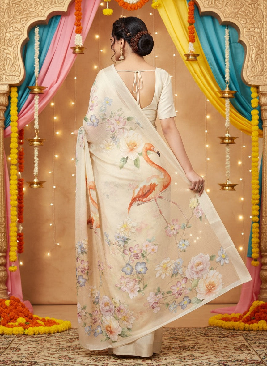 Chanderi silk digital print Off White Colour saree with gold border swan design