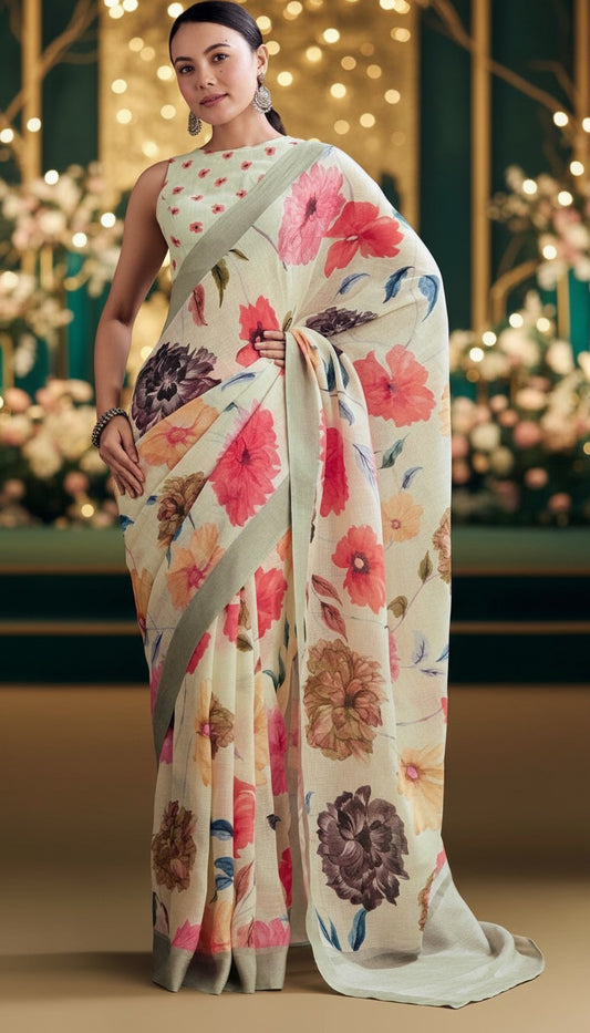 Chanderi silk floral digital print White Colour saree with gold border
