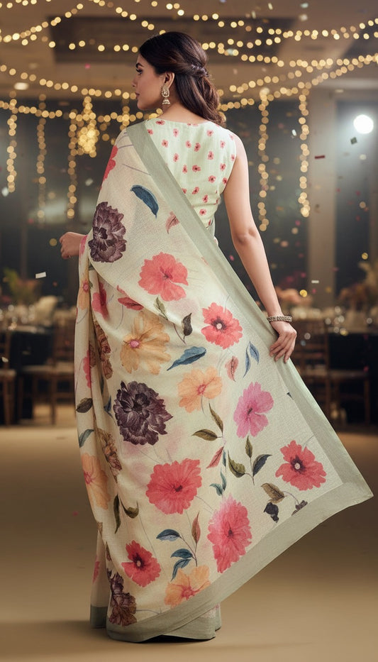Chanderi silk floral digital print White Colour saree with gold border