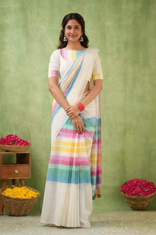 Cotton linen digital print White-Blue with Pink and Yellow saree with colour border design