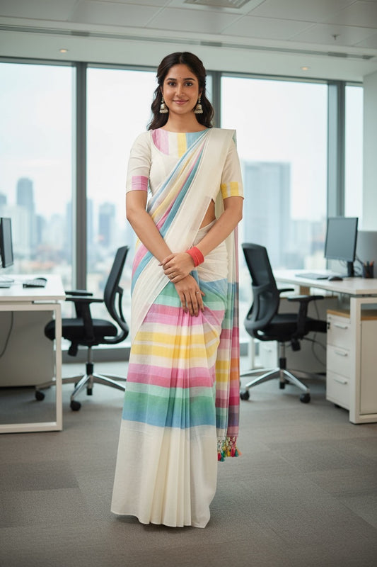 Cotton linen digital print White-Blue with Pink and Yellow saree with colour border design