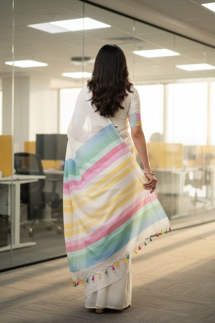 Cotton linen digital print White-Blue with Pink and Yellow saree with colour border design