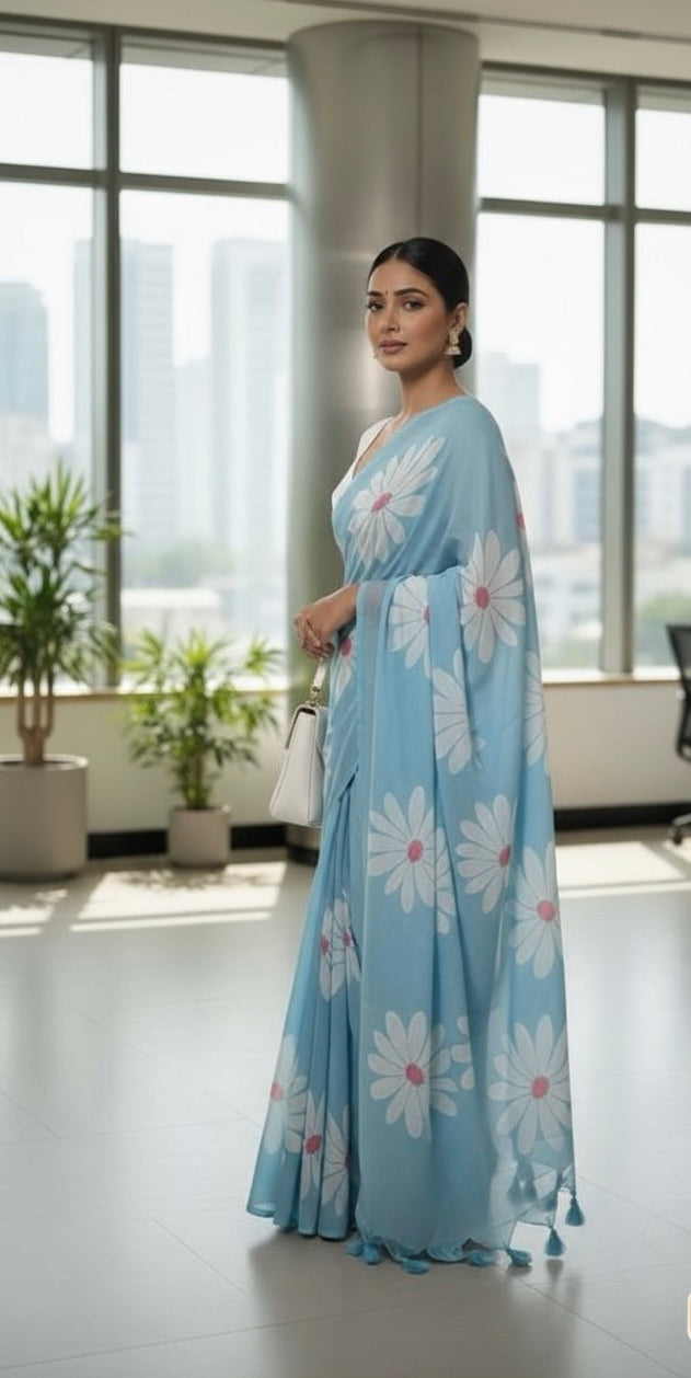 Gulbahar cotton linen digital print Light Sky Blue saree with heavy tassels