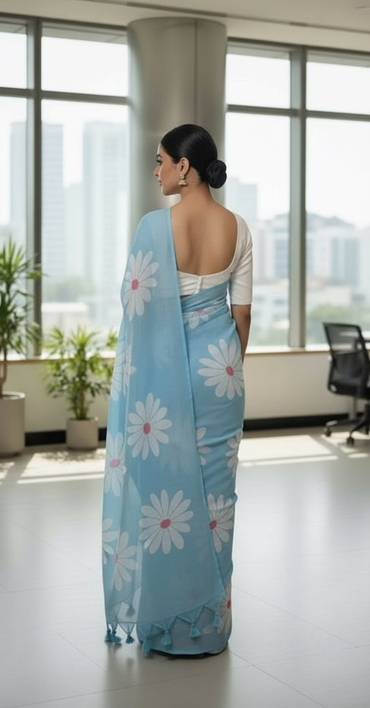 Gulbahar cotton linen digital print Light Sky Blue saree with heavy tassels