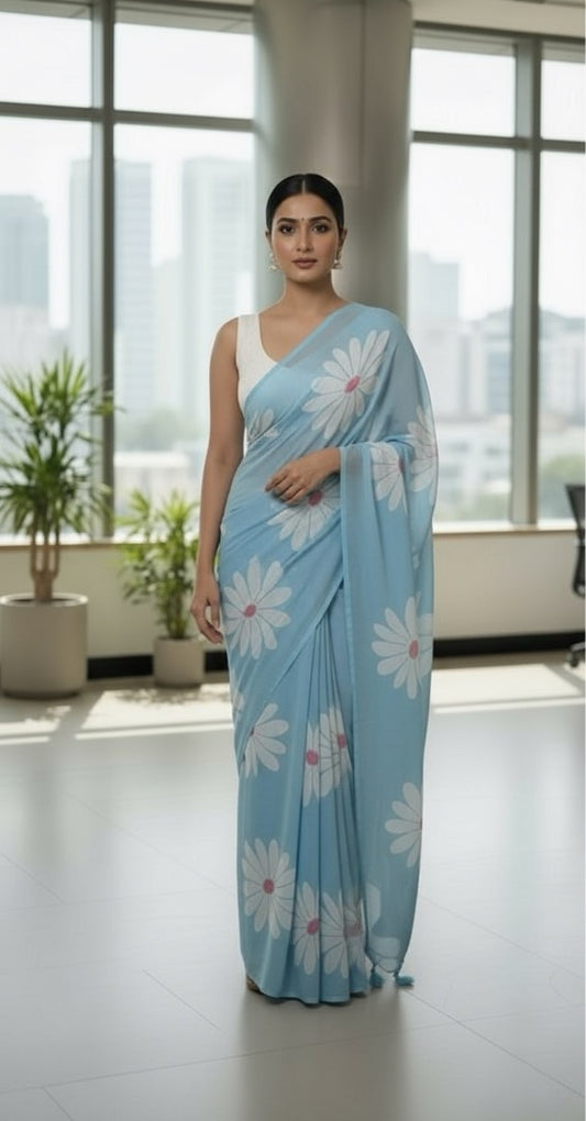 Gulbahar cotton linen digital print Light Sky Blue saree with heavy tassels