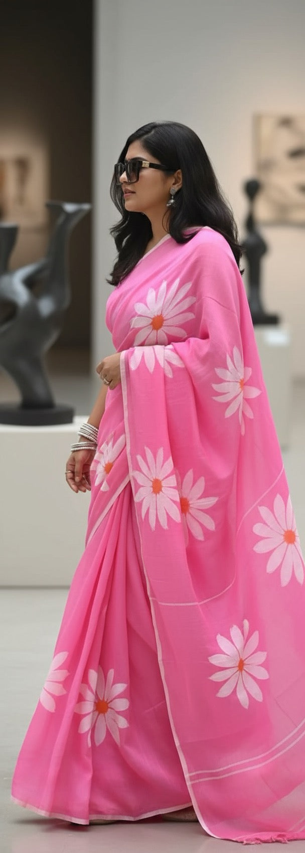 Gulbahar cotton linen digital print Light Pink saree with heavy tassels