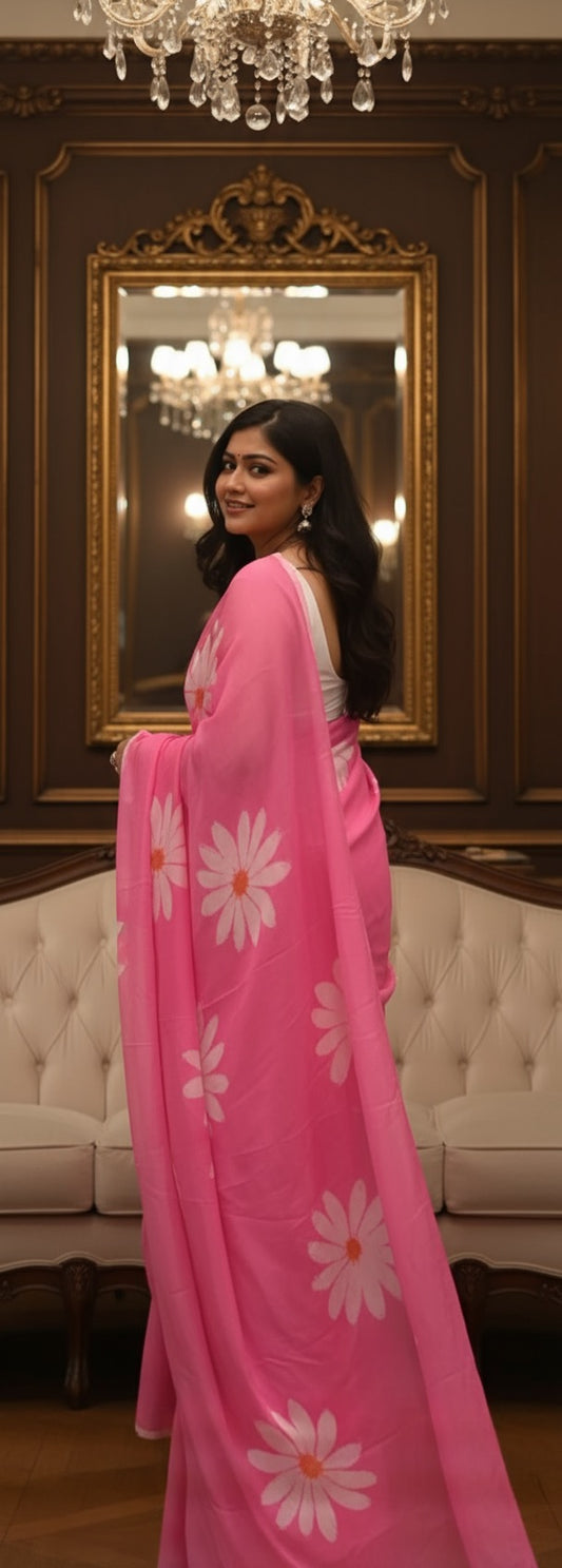 Gulbahar cotton linen digital print Light Pink saree with heavy tassels
