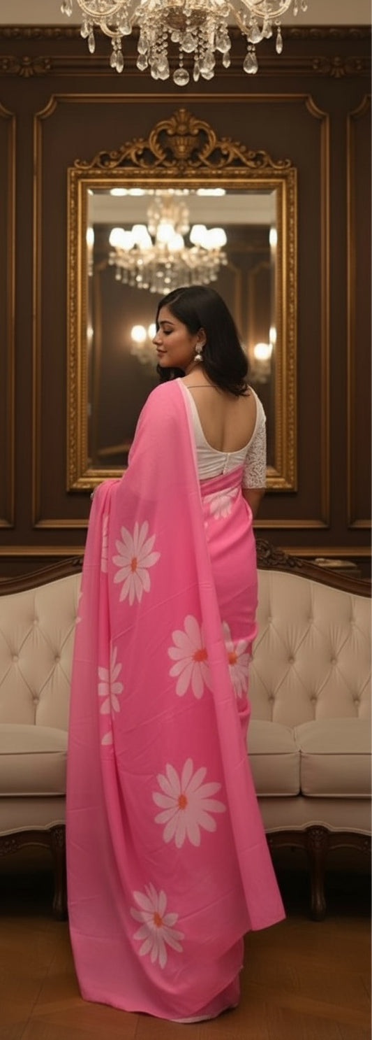 Gulbahar cotton linen digital print Light Pink saree with heavy tassels