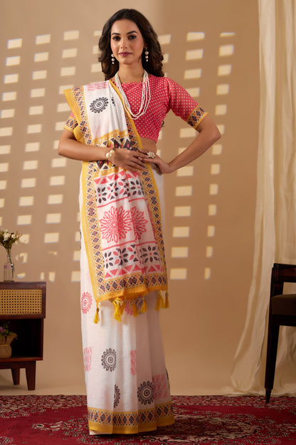 Indian motif cotton linen digital print White colour saree