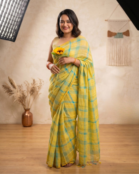 Lemon Colada Cotton Linen Checkered Saree