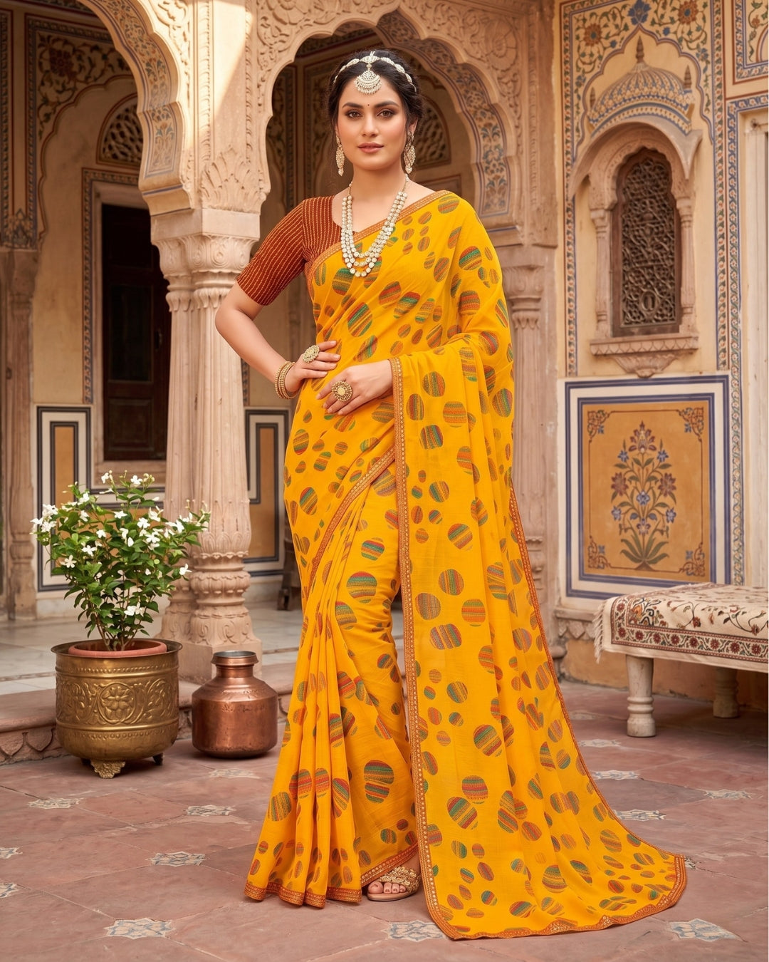 Mornii Yellow polka print Saree
