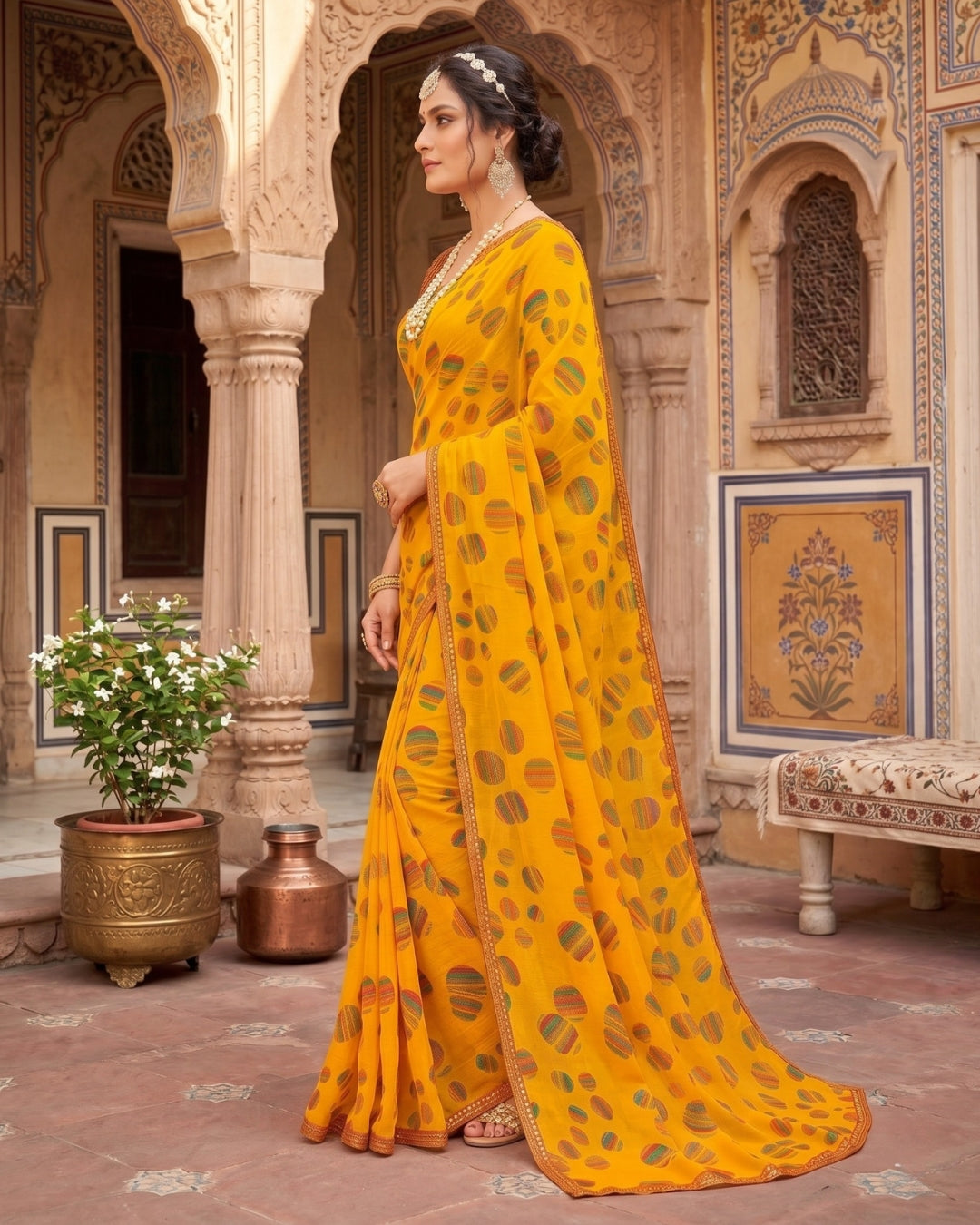 Mornii Yellow polka print Saree