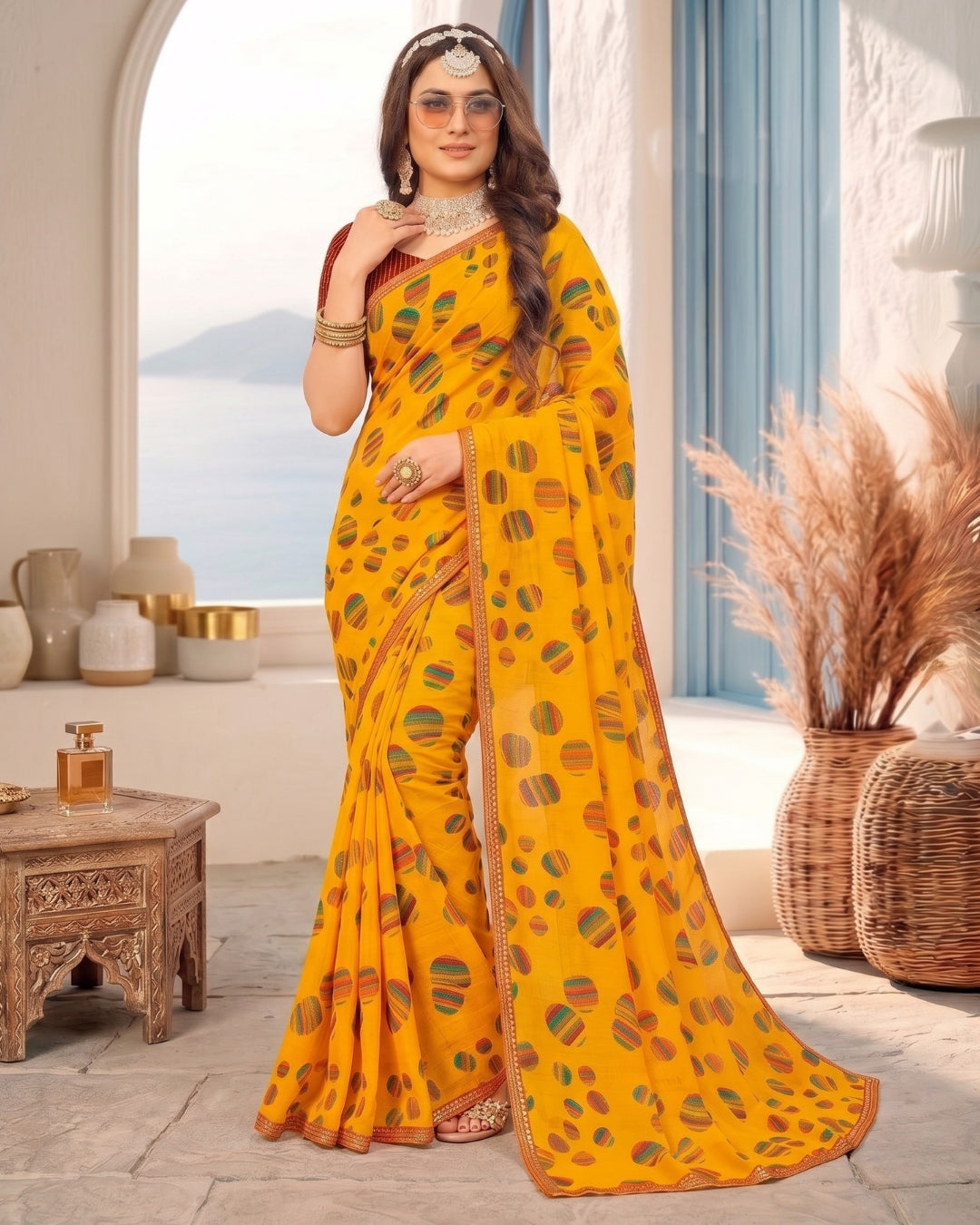 Mornii Yellow polka print Saree