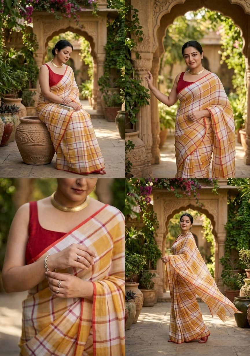 Mustard Checks Cotton Linen Saree