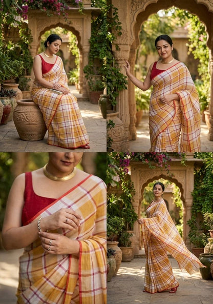 Mustard Checks Cotton Linen Saree