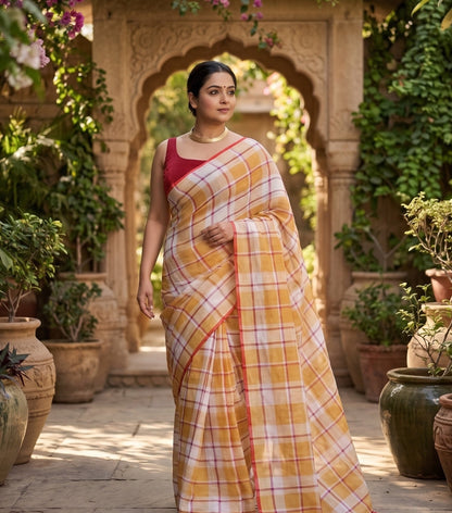 Mustard Checks Cotton Linen Saree
