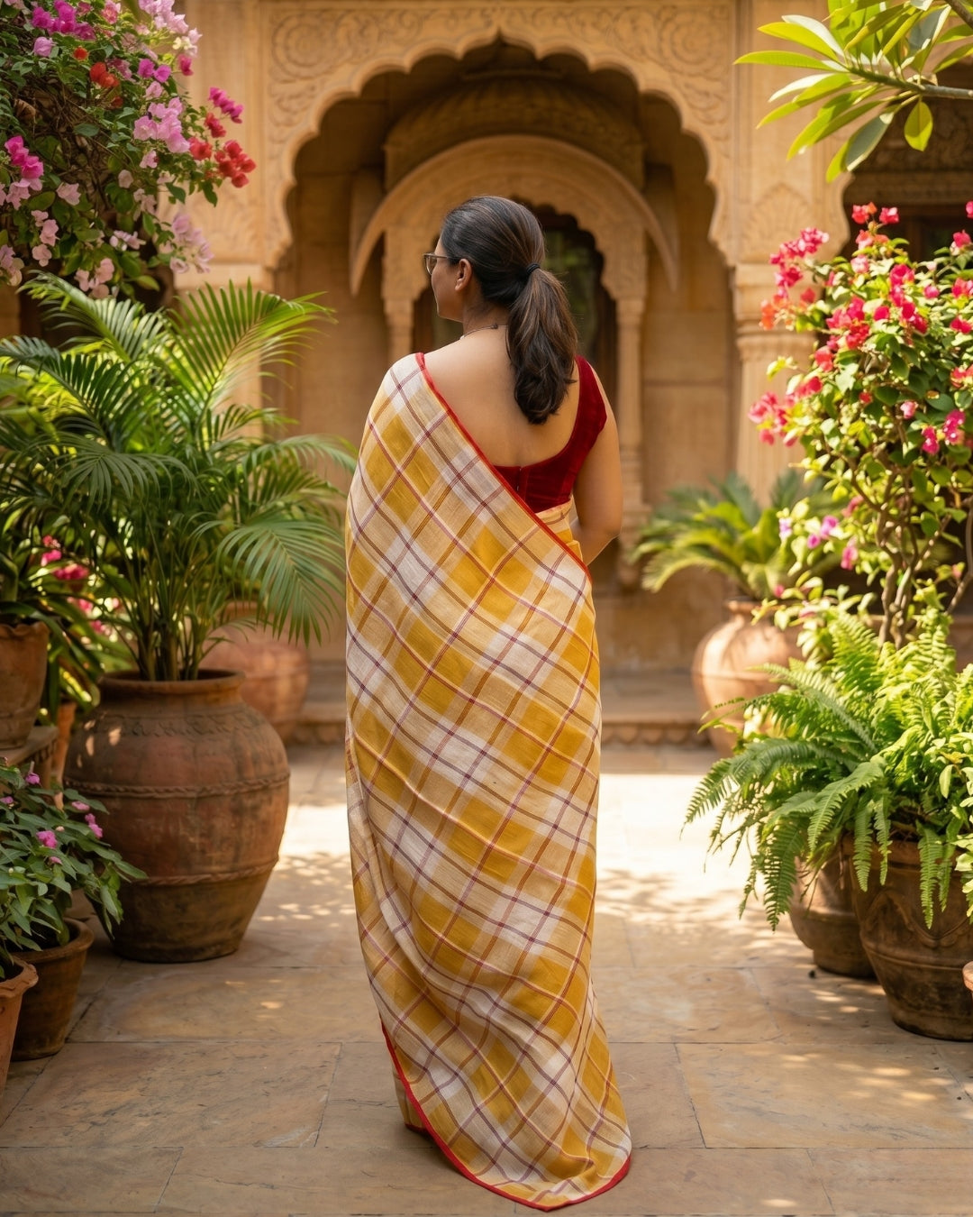 Mustard Checks Cotton Linen Saree