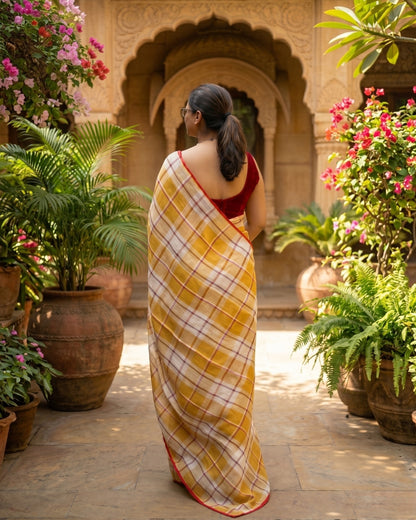 Mustard Checks Cotton Linen Saree