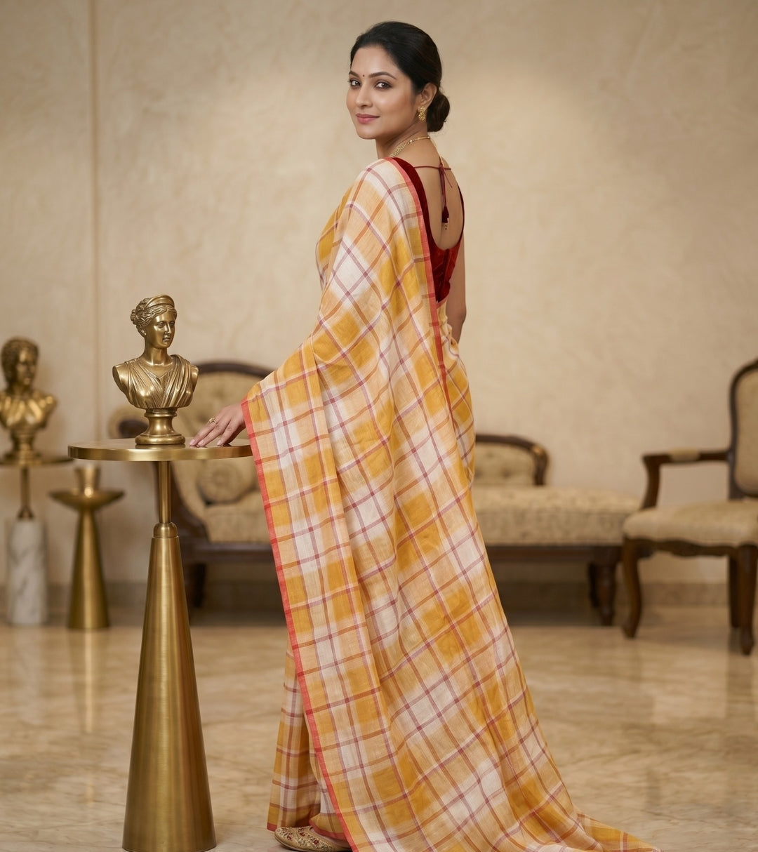 Mustard Checks Cotton Linen Saree