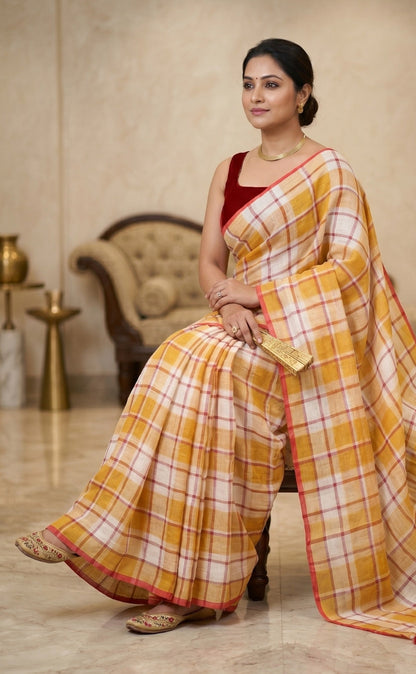 Mustard Checks Cotton Linen Saree