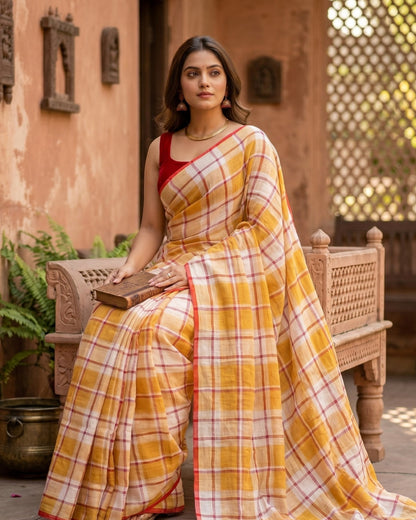 Mustard Checks Cotton Linen Saree