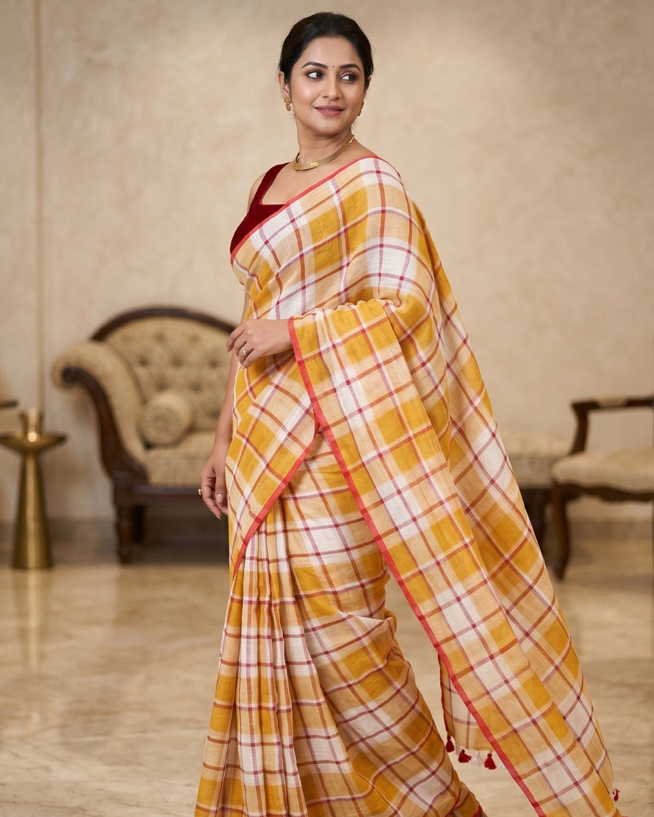 Mustard Checks Cotton Linen Saree
