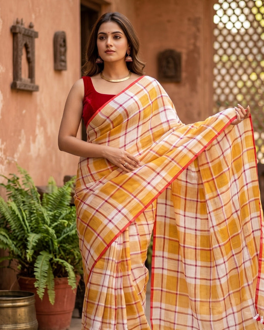 Mustard Checks Cotton Linen Saree