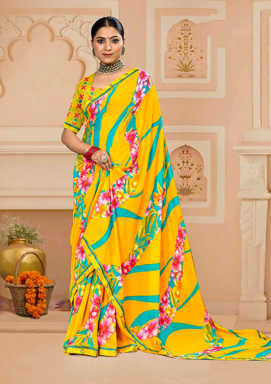 Fuljhadi Yellow saree with digital flower print