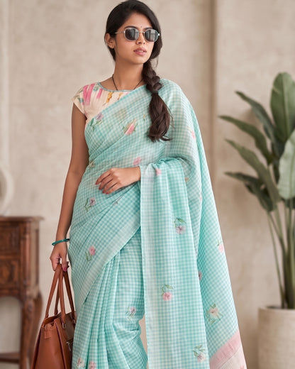 Cotton Linen Checks floral saree
