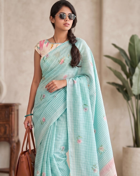 Cotton Linen Checks floral saree