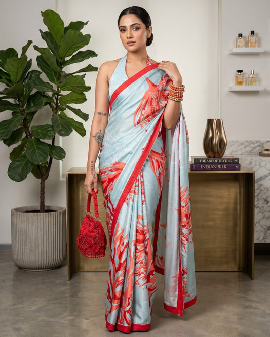 Satin Georgette Coral Digital Print Saree