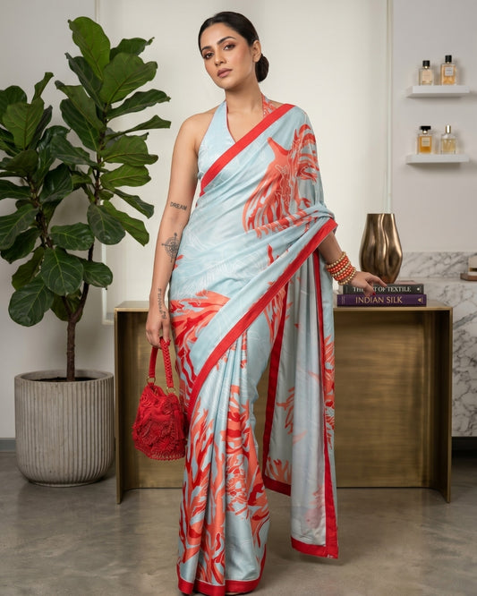 Satin Georgette Coral Digital Print Saree