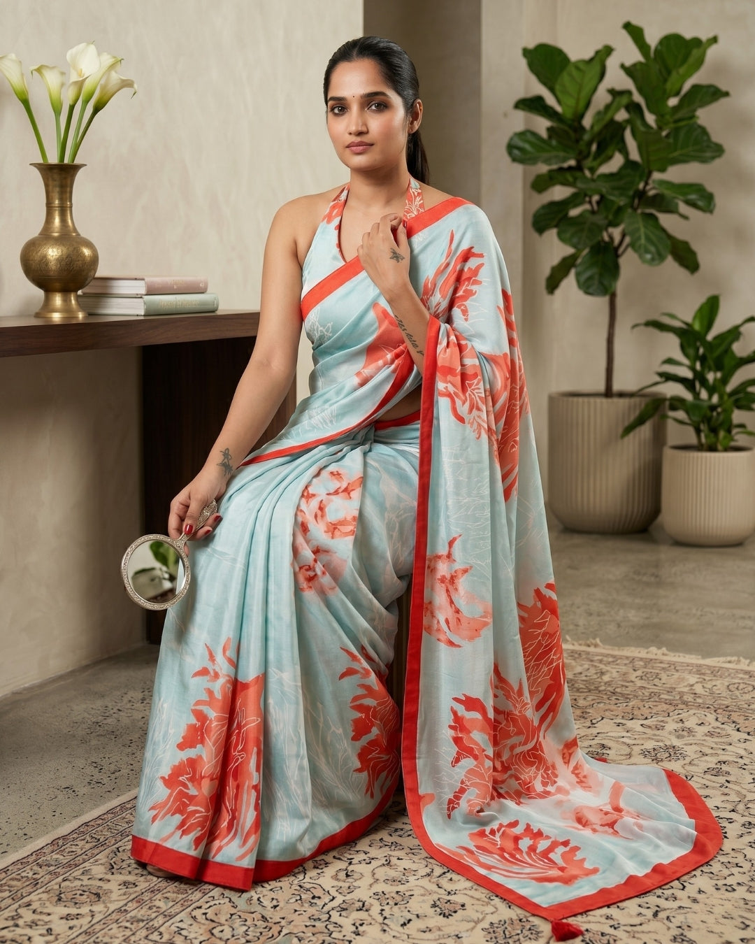 Satin Georgette Coral Digital Print Saree