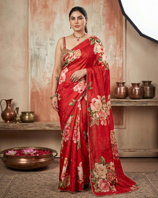 Satin Georgette Premium Floral Saree