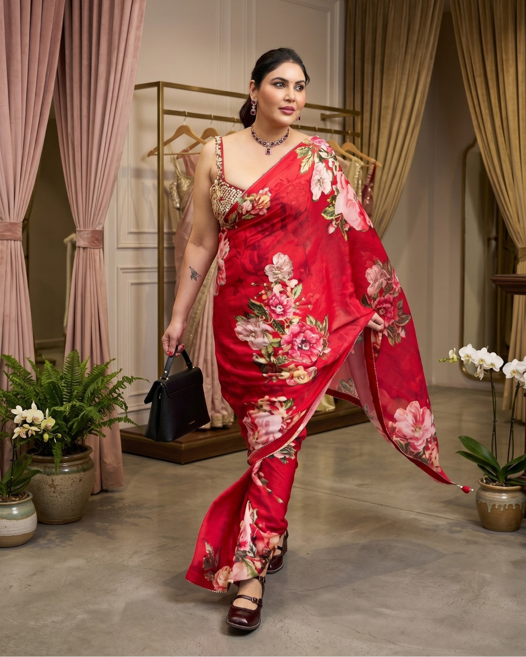 Satin Georgette Premium Floral Saree