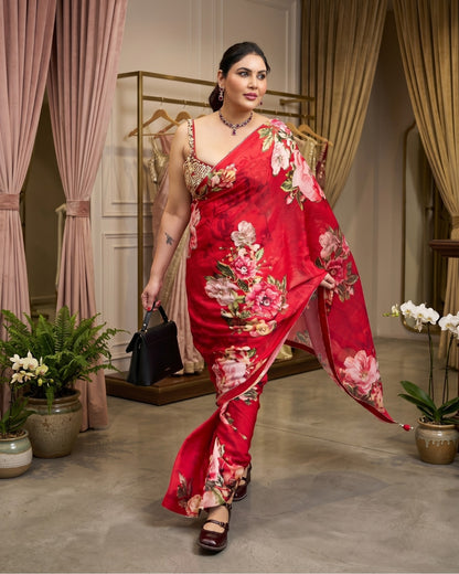 Satin Georgette Premium Floral Saree