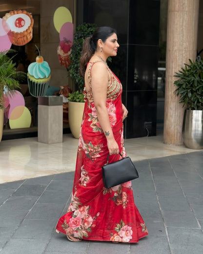 Satin Georgette Premium Floral Saree