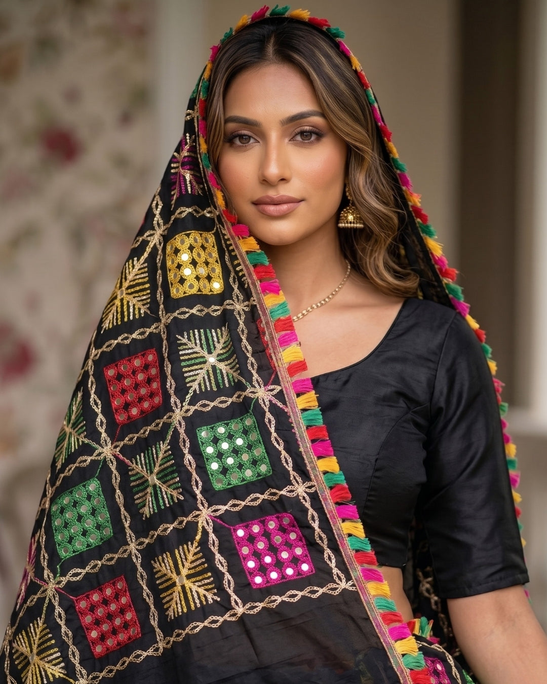 Vibrant Phulkari Mirror Work Dupatta