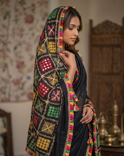 Vibrant Phulkari Mirror Work Dupatta