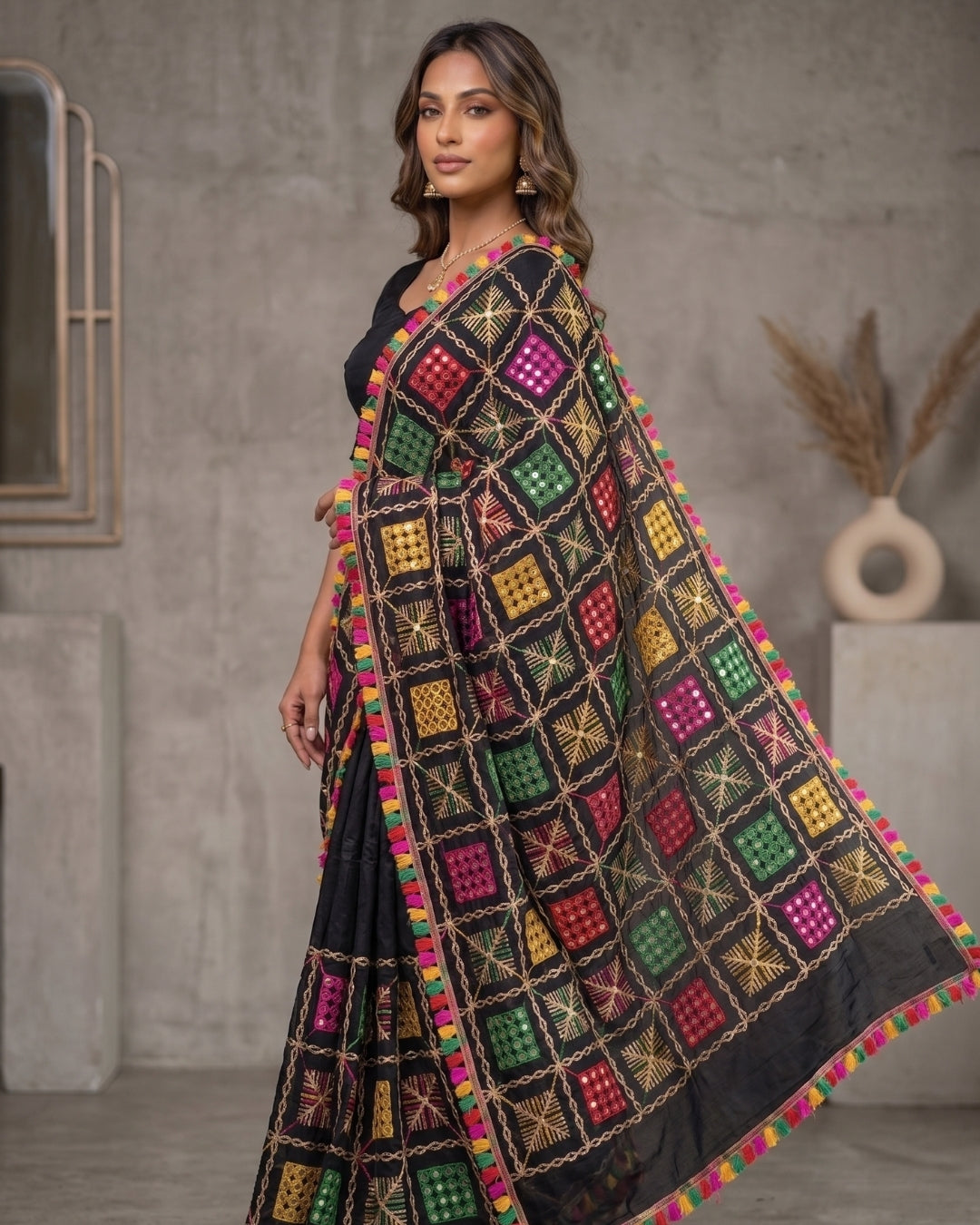 Vibrant Phulkari Mirror Work Dupatta