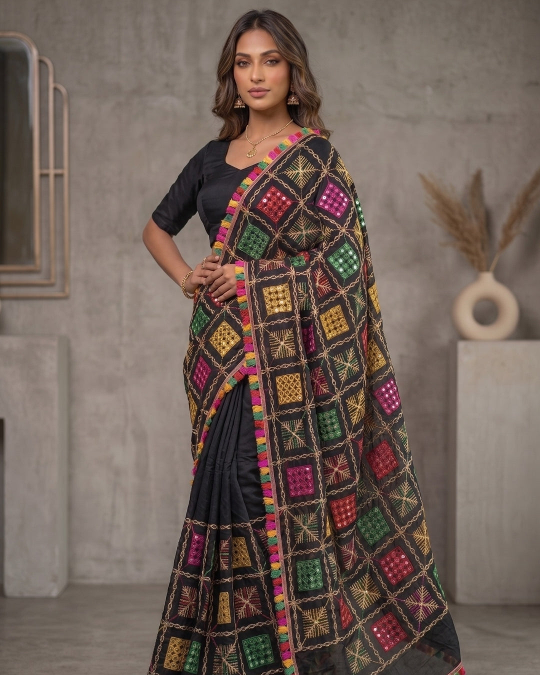 Vibrant Phulkari Mirror Work Dupatta