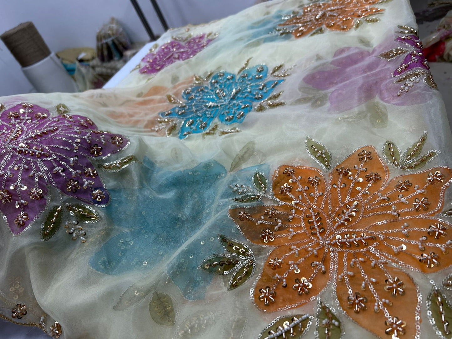 Organza hand painted hand work dupatta