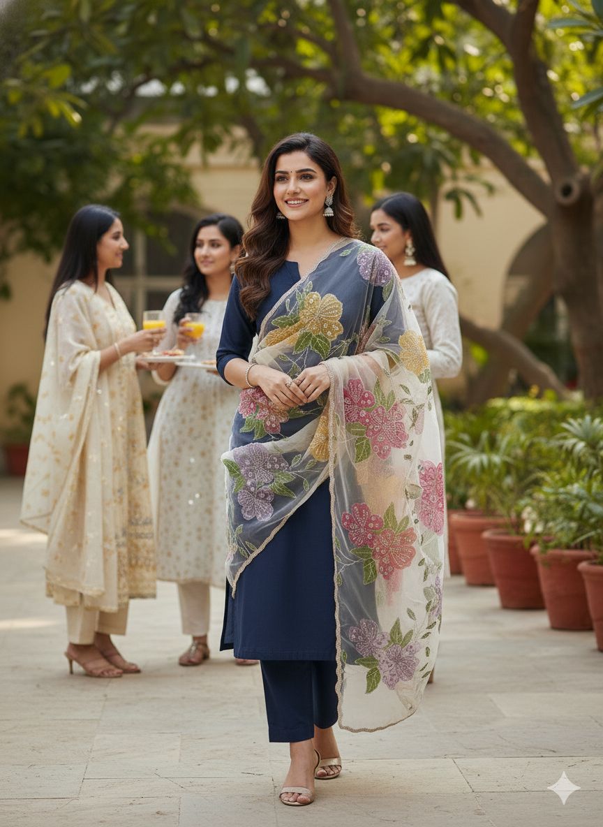 Organza hand painted hand work dupatta